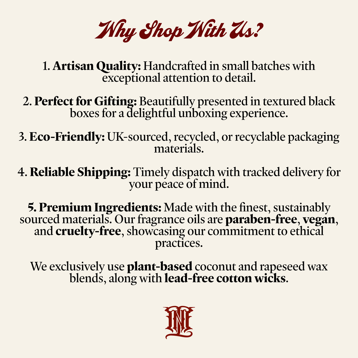 List of reasons to shop with a brand, including artisan quality, eco-friendliness, and premium ingredients, on a white background.
