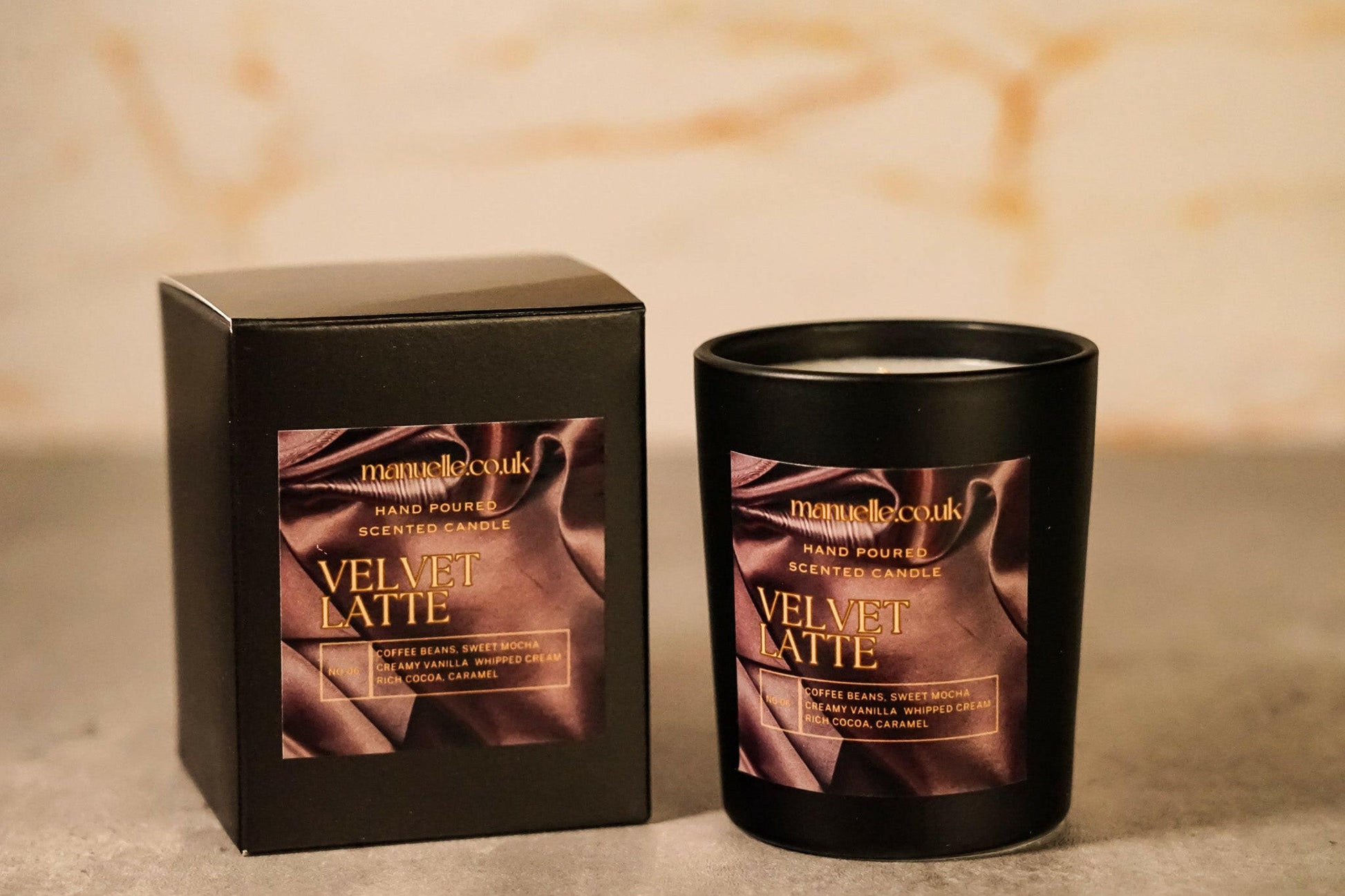 Elegant black velvet latte candle, ideal for romantic evenings