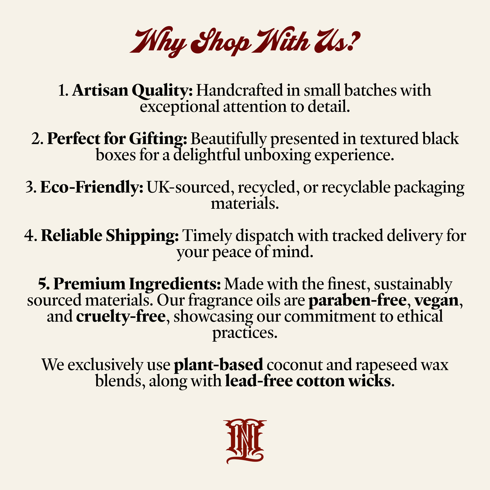 List of reasons to shop with a brand, including artisan quality, eco-friendliness, and premium ingredients, on a white background.