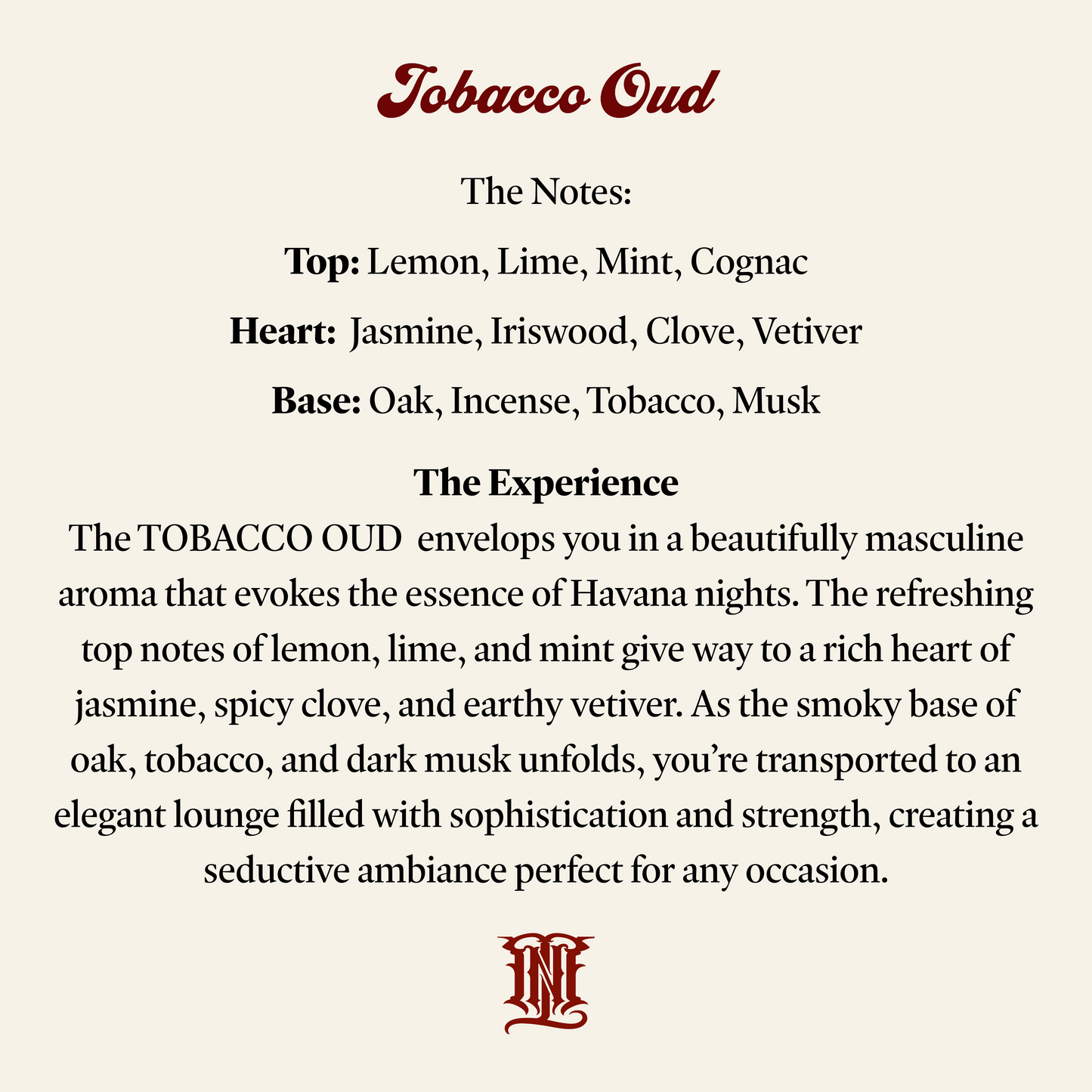 Description of Tobacco Oud fragrance with notes and experience on a white background